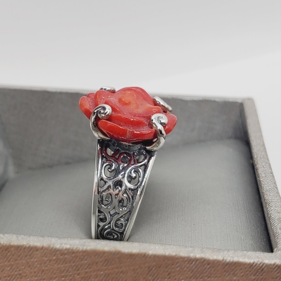 925 Sterling Silver Coral Ring Rose Ring Flower Ring Red Ring - Picture 3 of 9